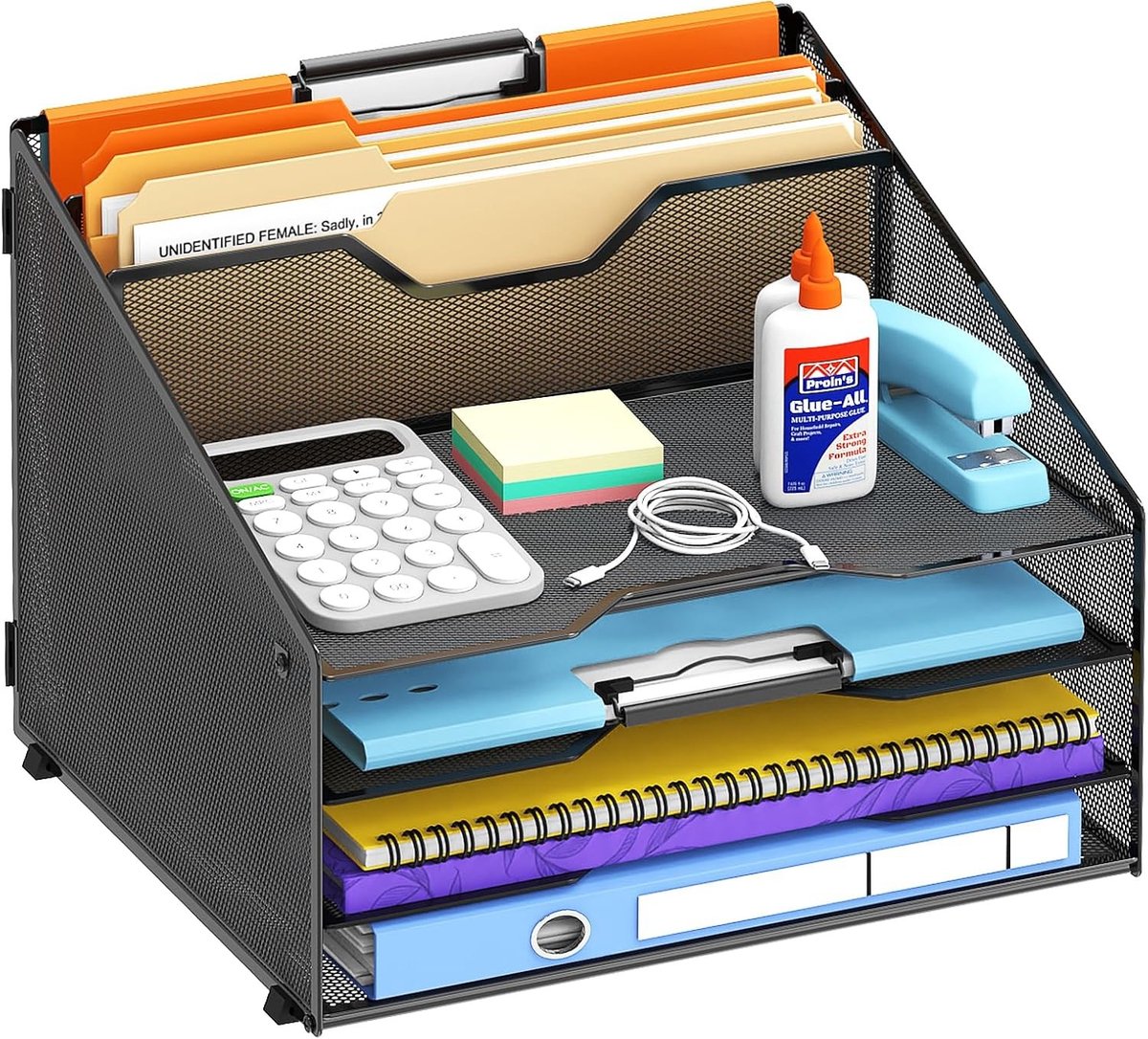 Organiser voor Bureau, Mesh Briefsorter met 3 Lade en 2 Verticale Secties voor Kantoorbenodigdheden, Zwart - Perfect voor Documenten en Kantoororganisatie