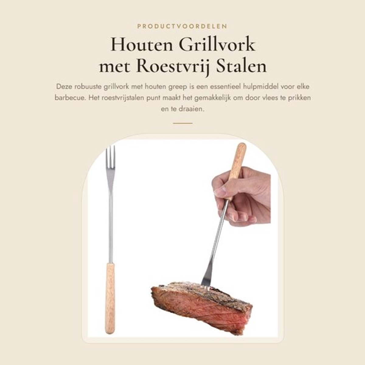 Grillvork 26,5 cm - Roestvrij Staal - Houten Handgreep - Lichtgewicht - Barbecue Gereedschap - Comfortabel Gebruik - Barbecuevork