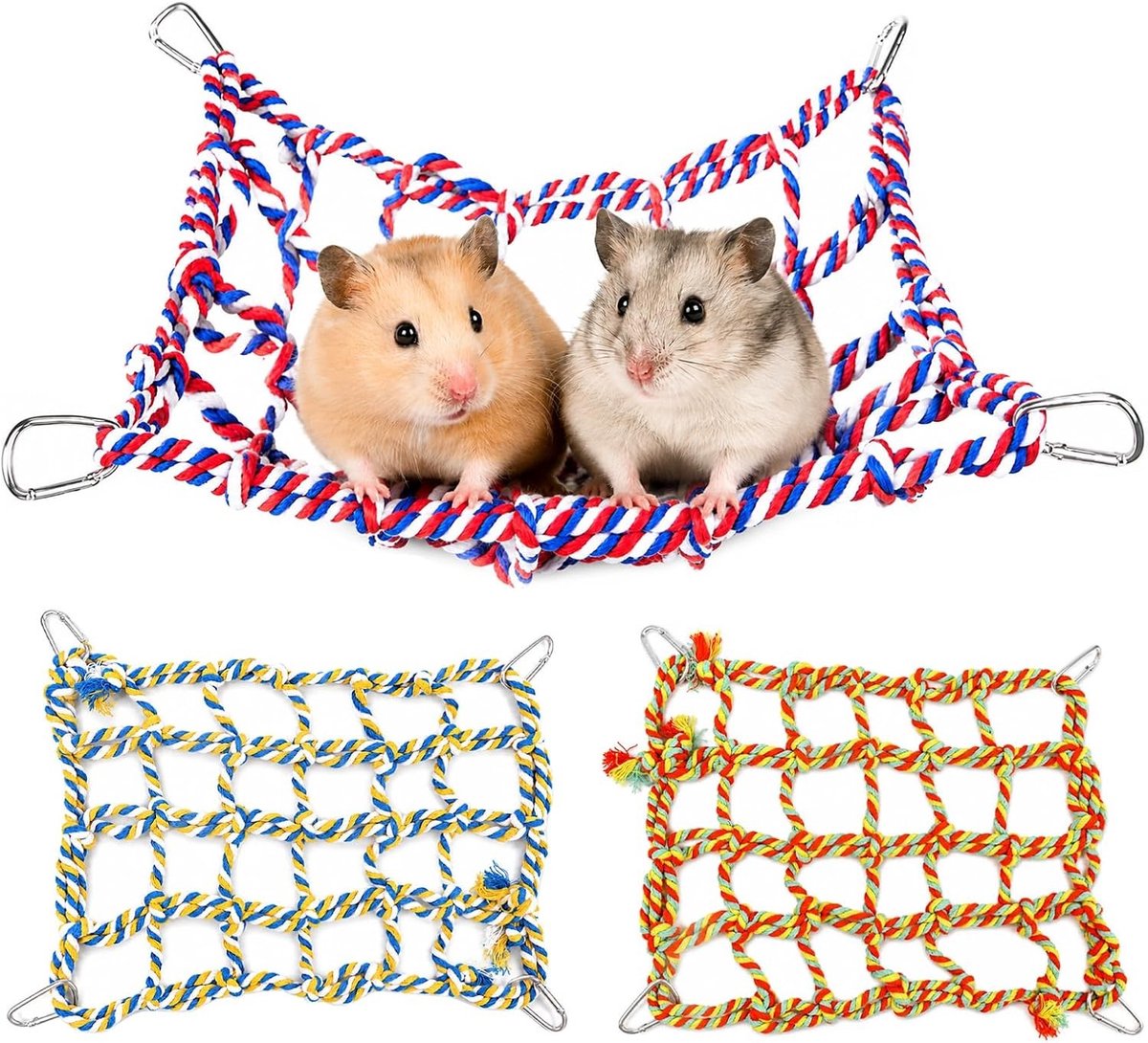 Kleurrijk klimnet voor kleine dieren, 3 stuks vogeltouw met 4 haken, ideaal voor hamsters, ratten en vogels (32 x 25 cm)
