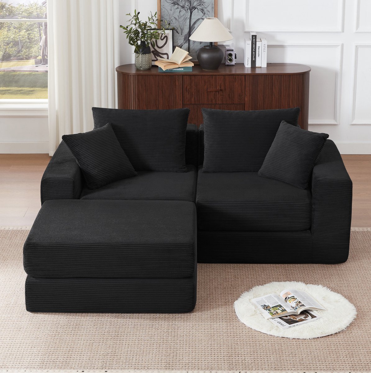 OKWISH Slaapbank 259,5 x 96 x 80 cm - Modulaire 3-Zits Bank Met Slaapfunctie - Voor Woonkamer En Kleine Ruimtes - Stof - Zwart