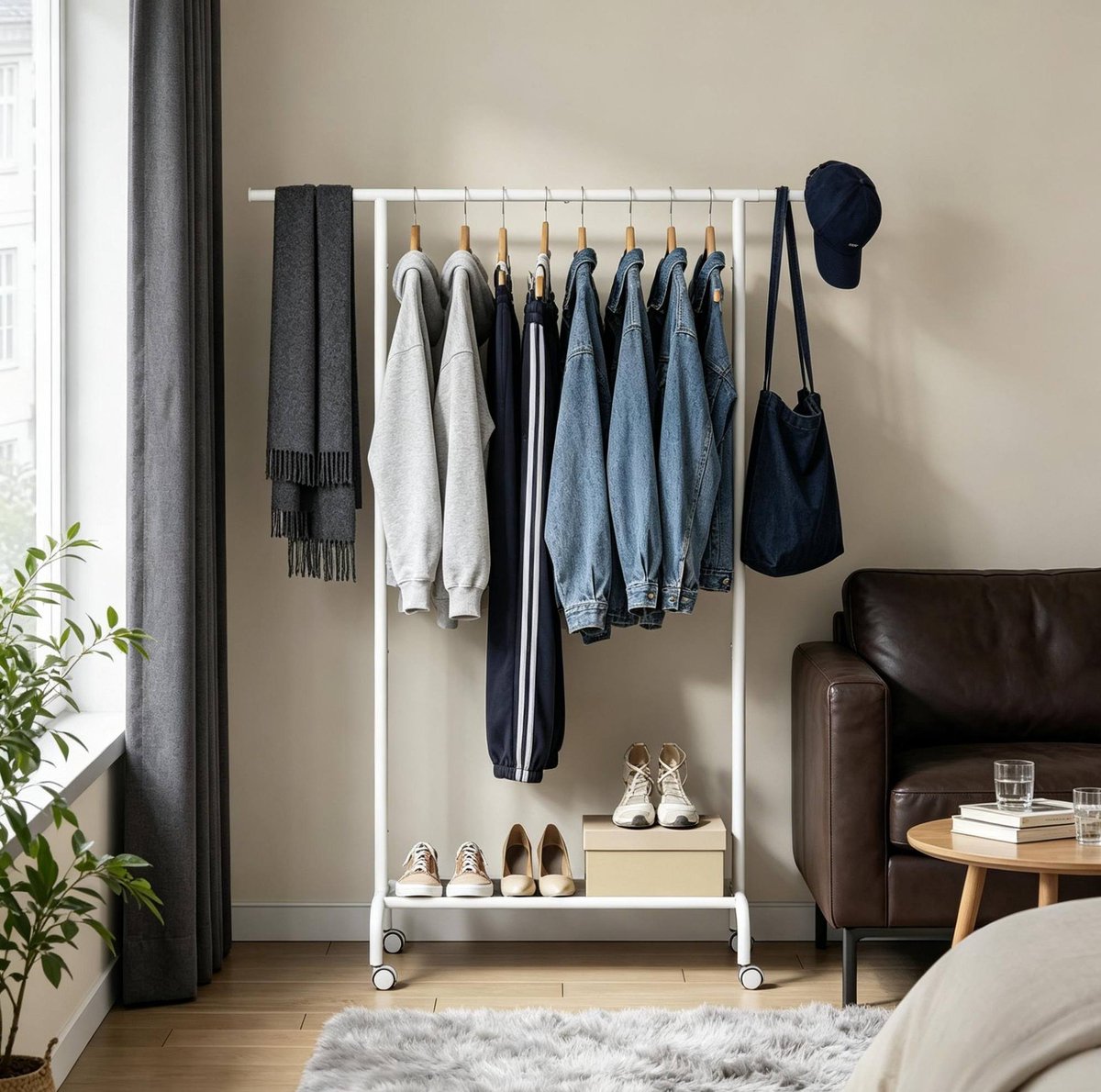 HAUSS SPOLE Kledingrek – 84-124 x 40 x 156 cm – Uitschuifbare Stang Met Wielen – Metaal En Kunststof – Wit – Met Onderplank