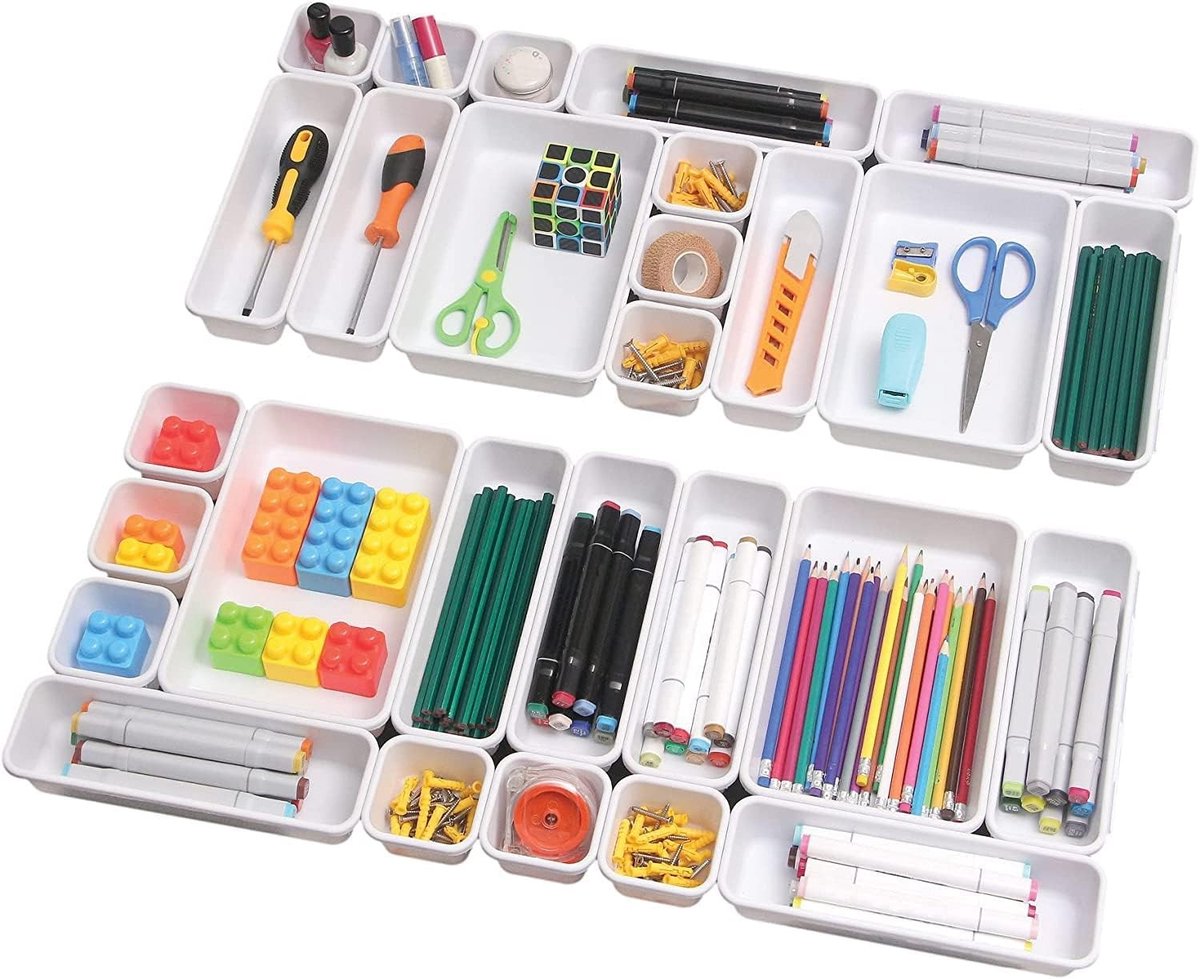 Set van 8 Lade Organizers, Plastic Opbergdozen in 3 Maten, 24 Witte Sorteerdozen voor Bureau, Badkamer, Make-up en Keuken