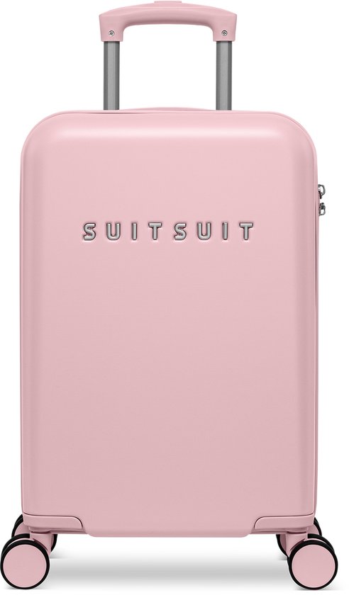 Roze SUITSUIT koffer met uittrekbare handgreep en vier wielen.