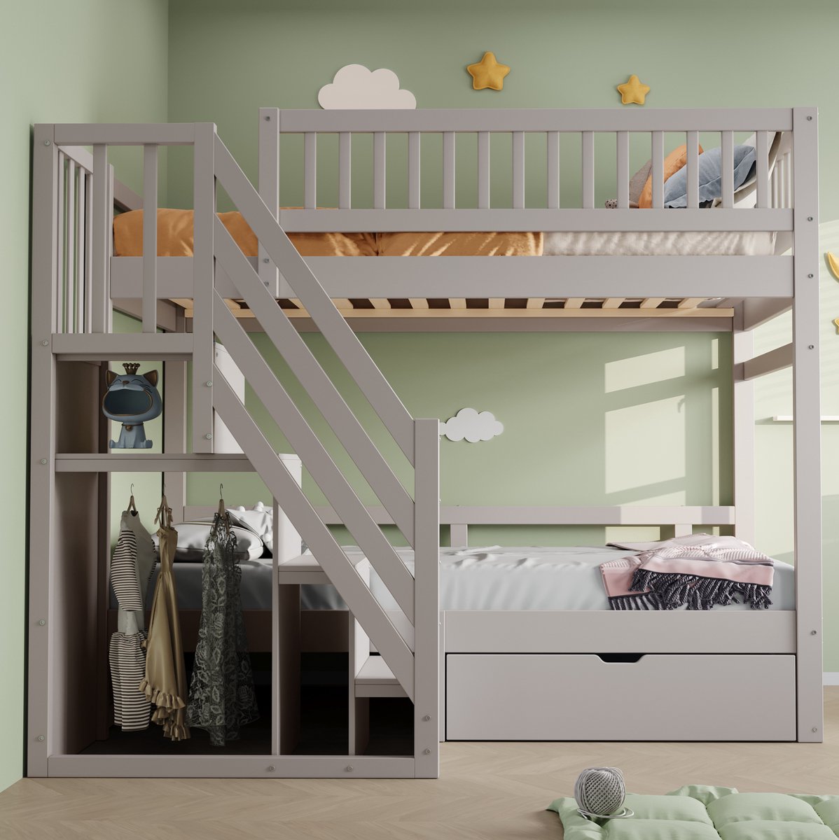 COVREO Stapelbed 90x200 cm grijs met opbergladder zonder matras