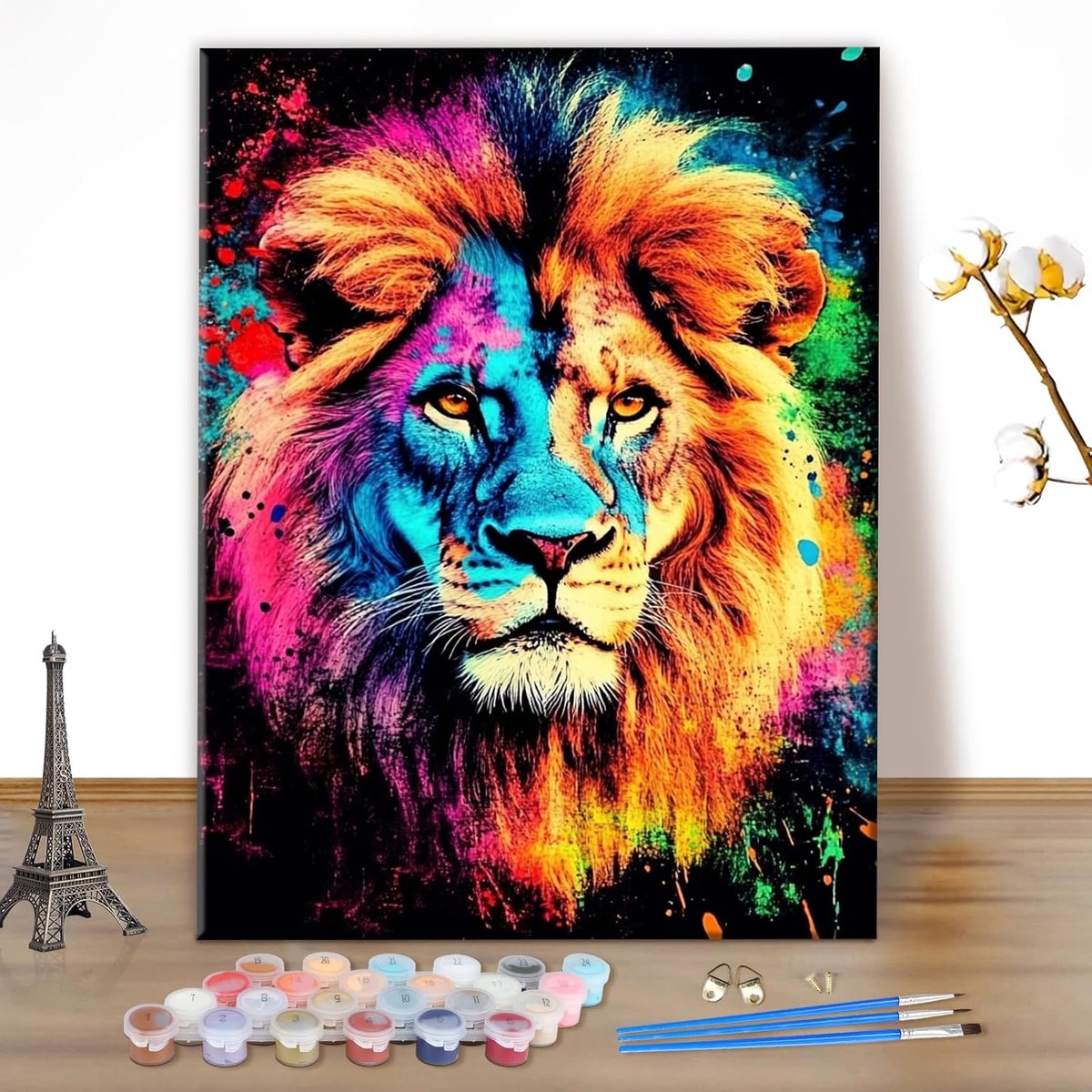 SnelShoppen - Paint by Number Kits voor Volwassenen - Rainbow Leeuw DIY Canvas Oil Painting Kit 30x40cm - Compleet met Acrylverf, Penselen en Haakjes