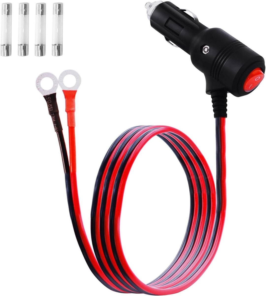 SnelShoppen - Car Cigarette Lighter O-Ring Clamp met Switch, 12V-24V 16AWG Stekker, Verlengkabel met 15A Fuse voor Inverter, Air Pump, Auto Accessoire