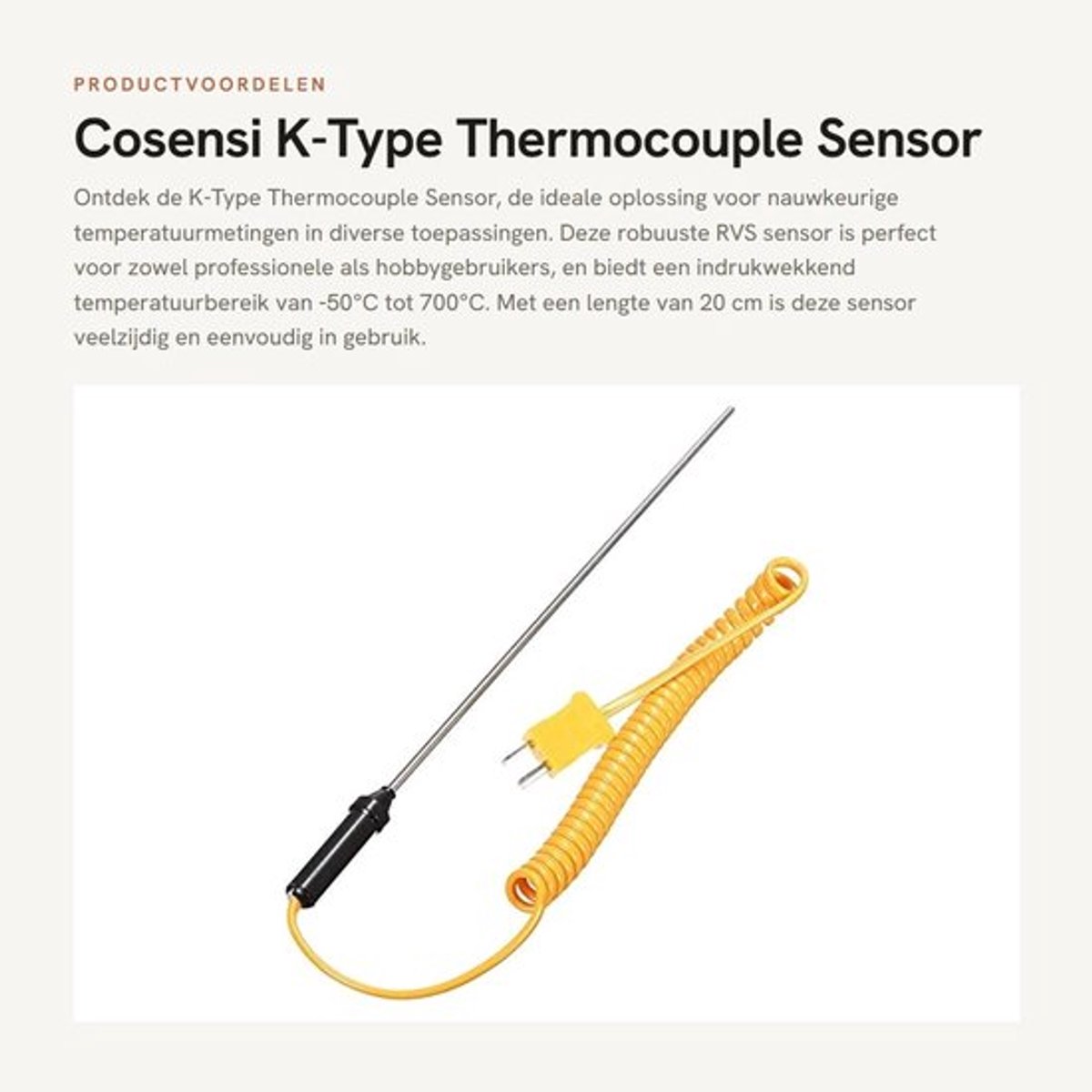 Thermokoppel K-Type - Temperatuursensor - Roestvrij Stalen Probe - Lengte 20 cm - Temperatuurbereik - Miniatuur Connector