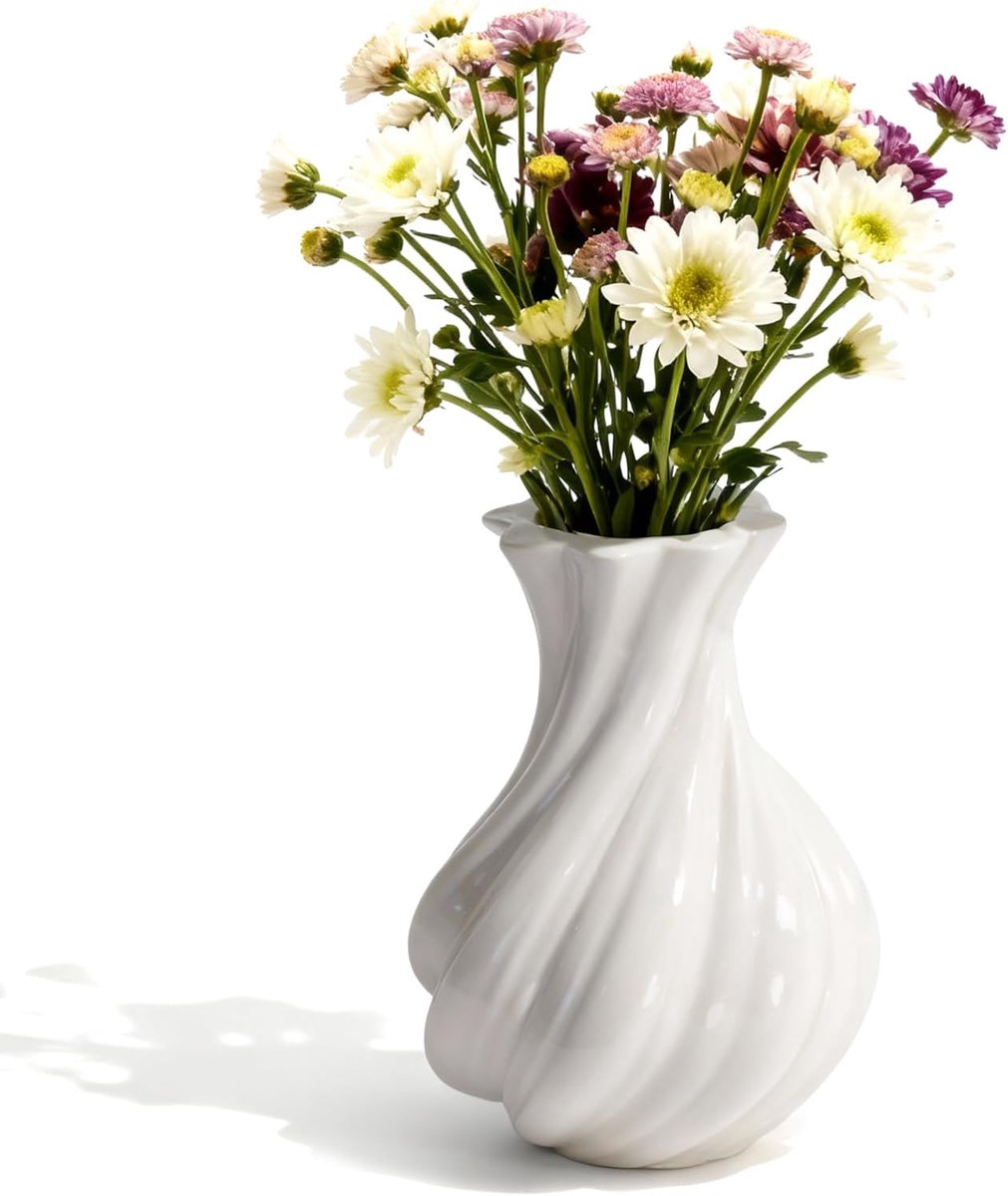 Vazen decoratie wit - keramische vaas - gestructureerd spiraaldesign - perfect voor bloemen - ShopVlot