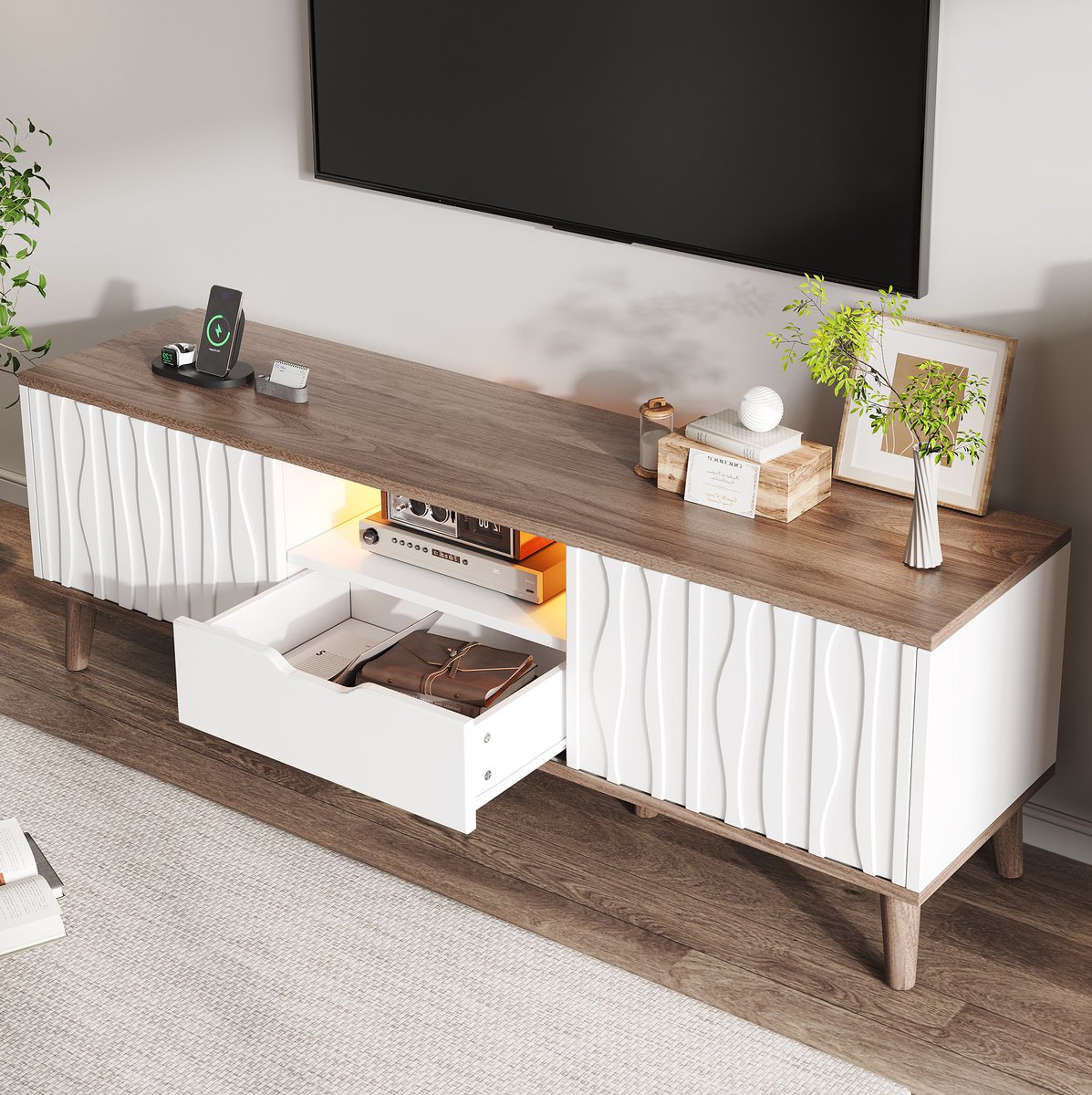 DESMIU TV-Meubel - Met Led En Schuifdeuren - Opbergruimte Voor Woonkamer En Slaapkamer - MDF En Spaanplaat - 160x40x52 Cm - Wit Walnoot