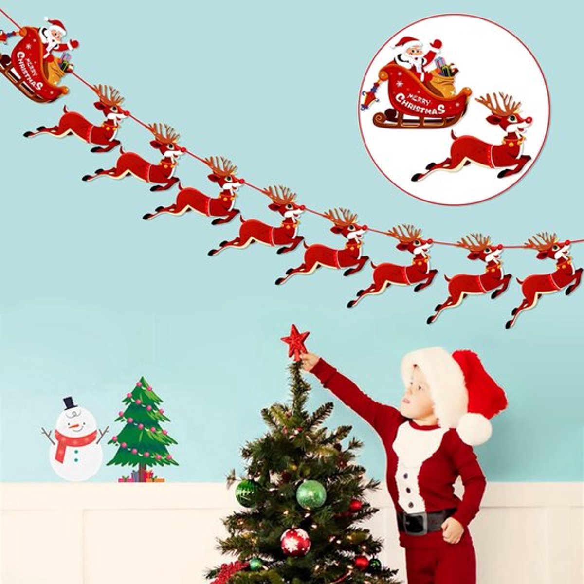 Kerstbanner Vrolijk Kerstfeest - Slinger met Rudolf en Kerstmanslee - 9 Stuks - Duurzaam Knutselpapier - 3 Meter Rood Lint - Herbruikbaar Decoratie - Kerstdecoratie