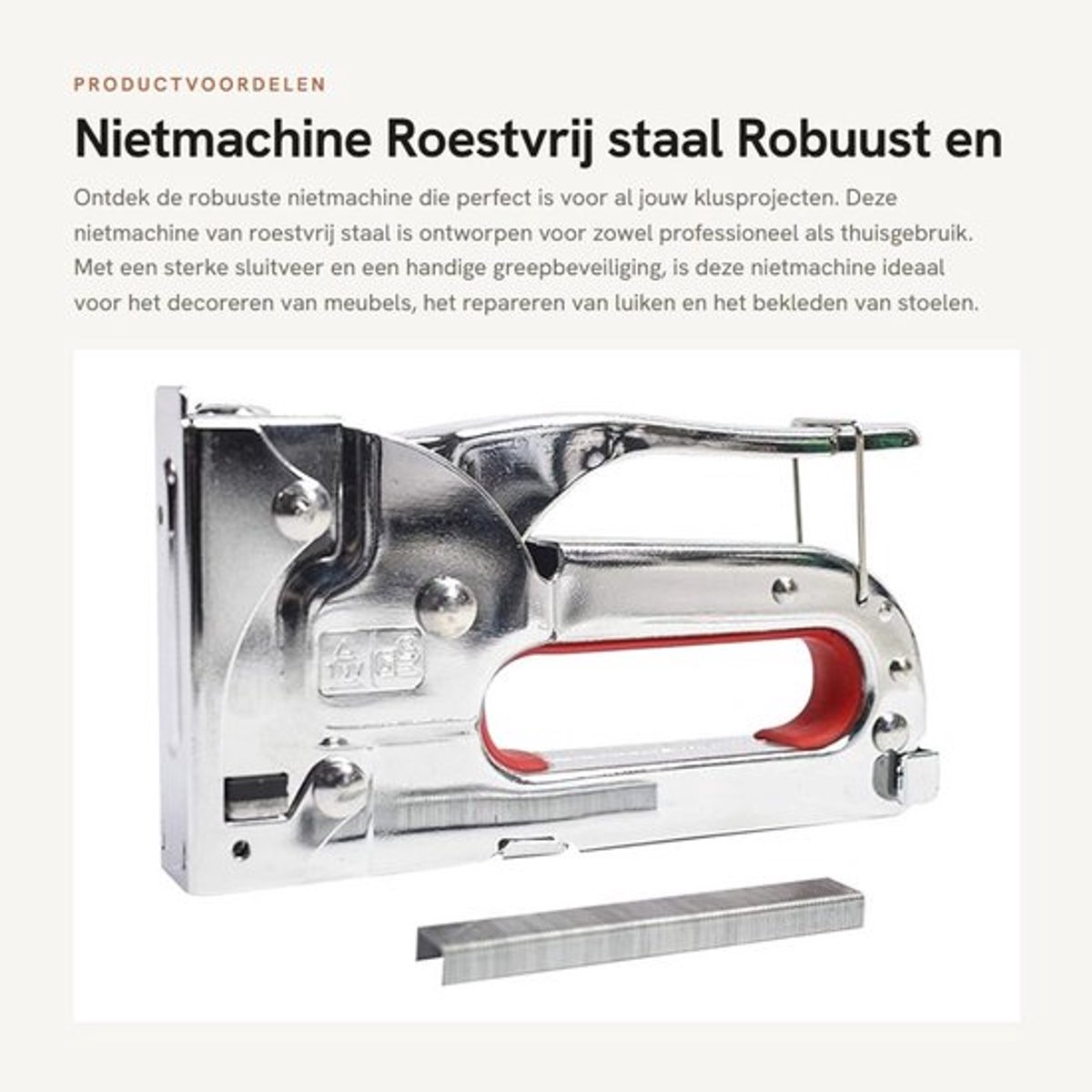 Nietmachine roestvrij staal - robuust - 100 klemmen - greepbeveiliging - krachtige veerwerking - eenvoudig opladen - Nietpistool