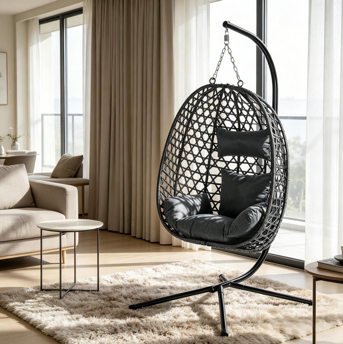 STILVORA Hangstoel Met Standaard - Verstelbare Hoogte En 360° Schommelen - Voor Woonkamer, Balkon, Terras En Tuin - Metaal En Rotan - Donkergrijs