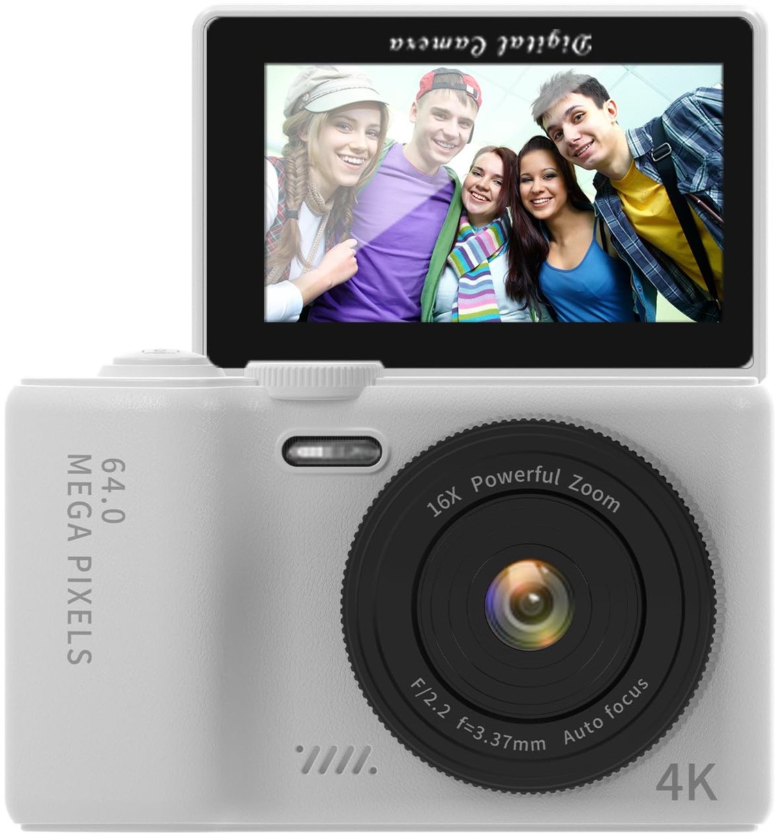 SnelShoppen - 4K Digitale Camera 64MP met WiFi, 180° Flip, 3" Scherm, 16x Zoom, LED-Vullicht, 1200 mAh Accu & 32GB TF-kaart voor Feesten, Camping, Kin