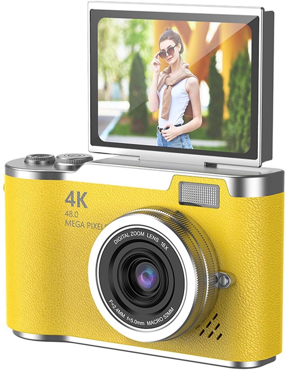 SnelShoppen - 48MP Digitale Camera 1080p met 2.4' Flip-Scherm, 18x Zoom, 4 Uur Batterijduur, Ideaal voor Vloggen, Reizen, YouTube, TikTok - Geel