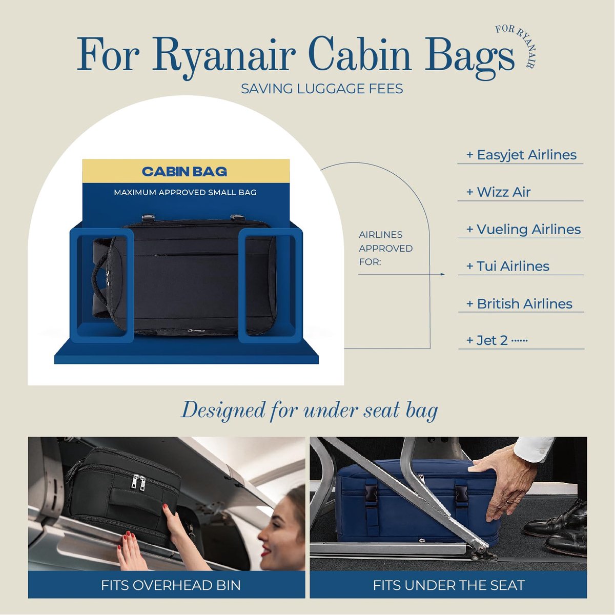 SnelShoppen - Rugzak Reistas Vliegtuig 40x30x15 cm - Zwart Reiskoffer Cabine Bagage voor Ryanair Easyjet Vueling Wizz Air - Dames en Heren