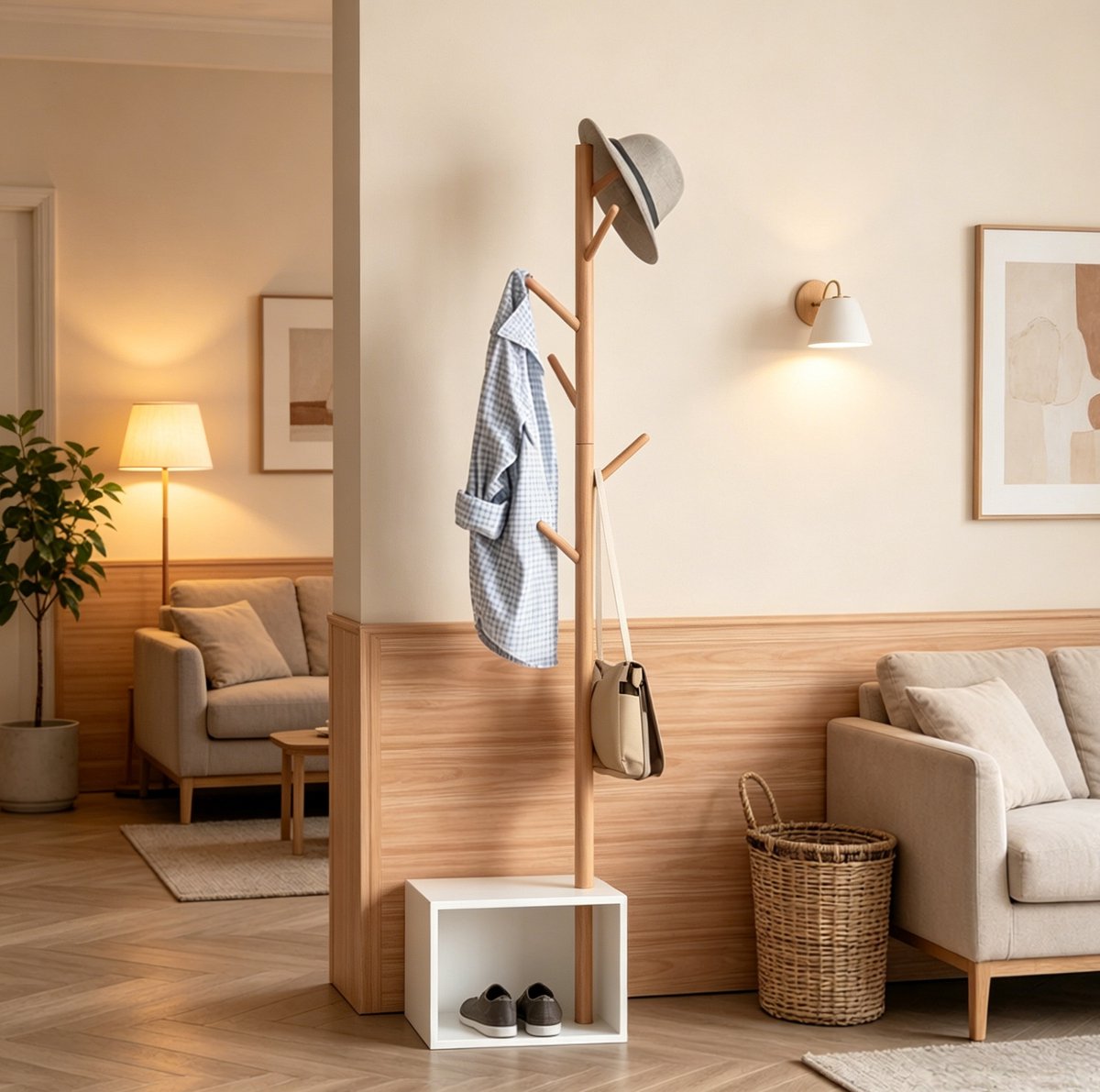 Kledingrek Met Opbergruimte – 6 Haken – 40 X 30 X 180 Cm – MDF En Bamboe – Wit En Bamboe – Vrijstaand Voor Hal En Slaapkamer