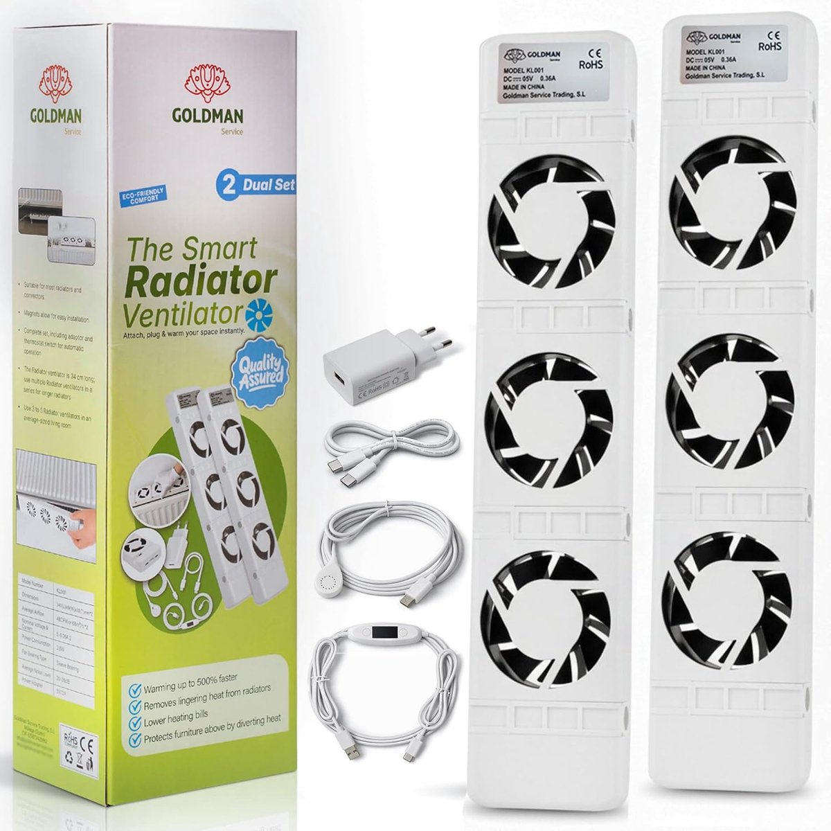 SnelShoppen - Intelligente radiatorventilator met automatische thermostaat, dubbele set, stil en energiezuinig, snelle warmteverdeling voor radiatoren