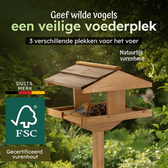 Houten Voederhuisje - Vogelhuis op paal - Vogels voeren - Weerbestendig FSC hout - 114 cm hoog - Donker dak