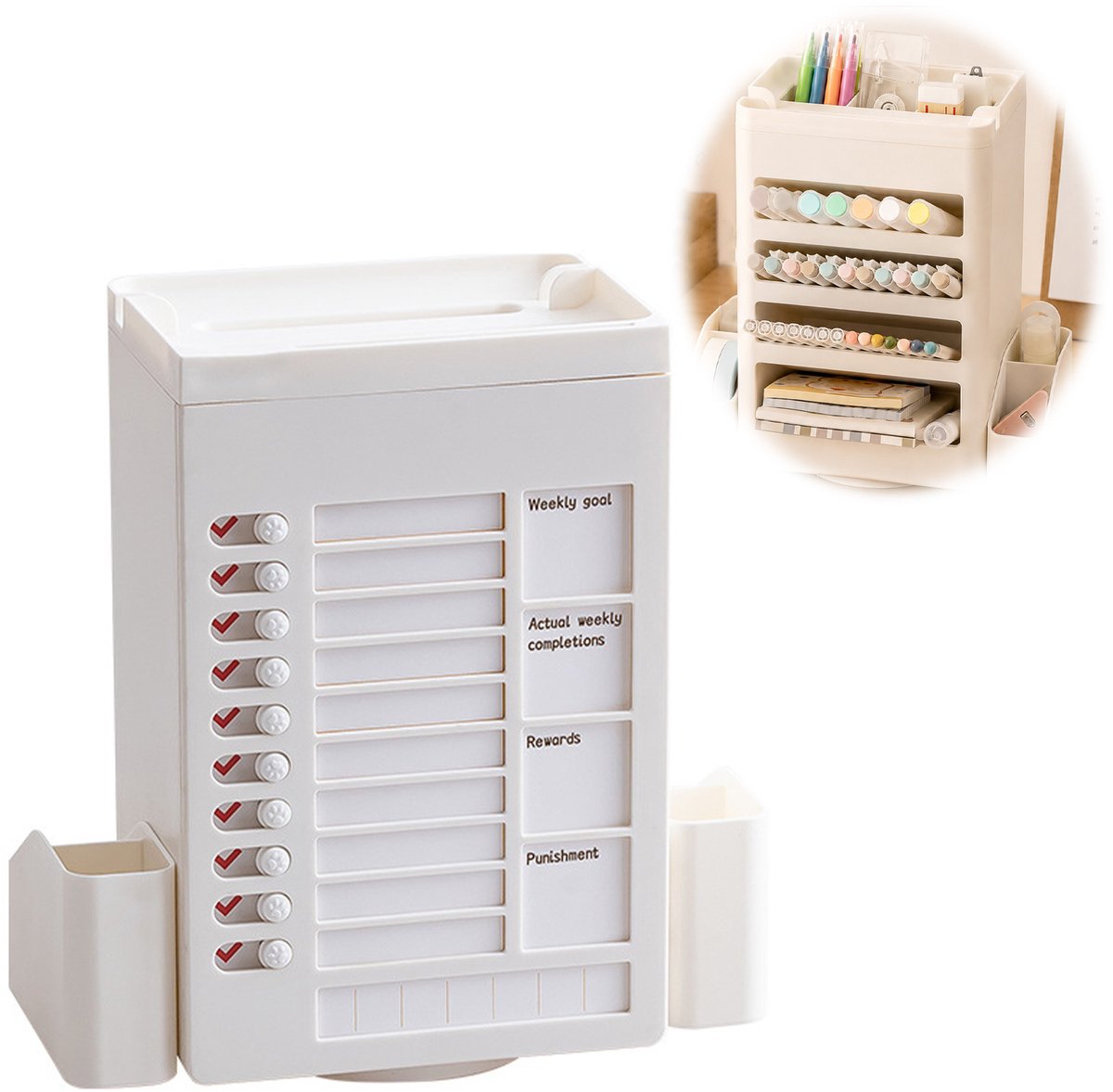 Draaibare Pennenhouder met Planner - Zelfdiscipline Tracker & Opbergbox - voor Bureau & Studie - Kunststof - Wit-1 Stuk