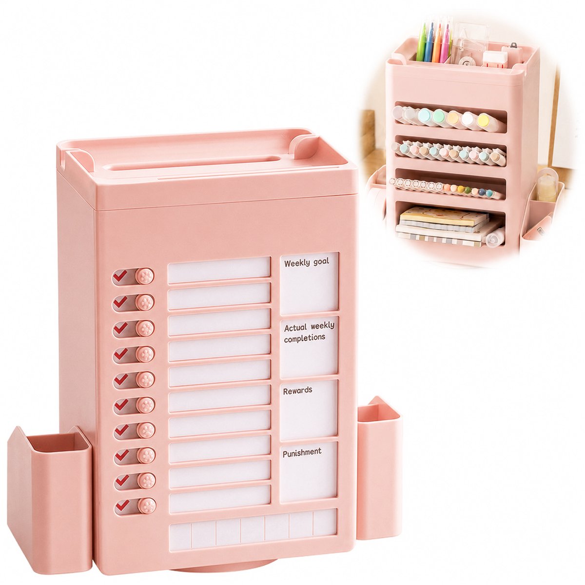 Draaibare Pennenhouder met Planner - Zelfdiscipline Tracker & Opbergbox - voor Bureau & Studie - Kunststof -blauw- 1 Stuk