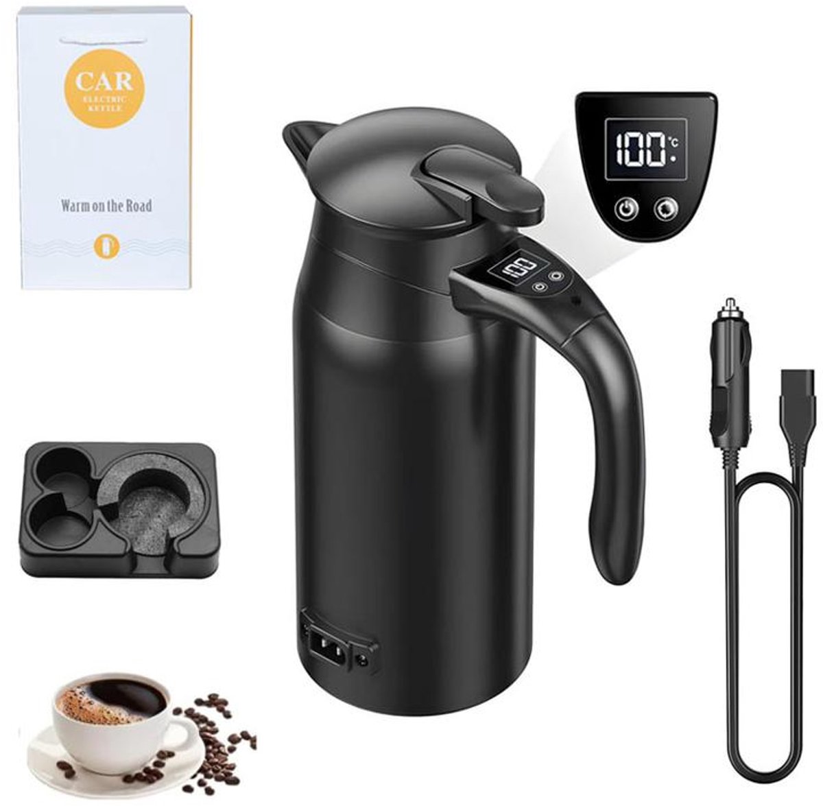 KZQ Elektrische waterkoker voor de auto – Draagbare multifunctionele waterkoker – 12V/24V – 800 ml – Dubbelwandige isolatie – Digitaal display – Voetstuk – Voedingskabel voor de auto – Verbeterde versie