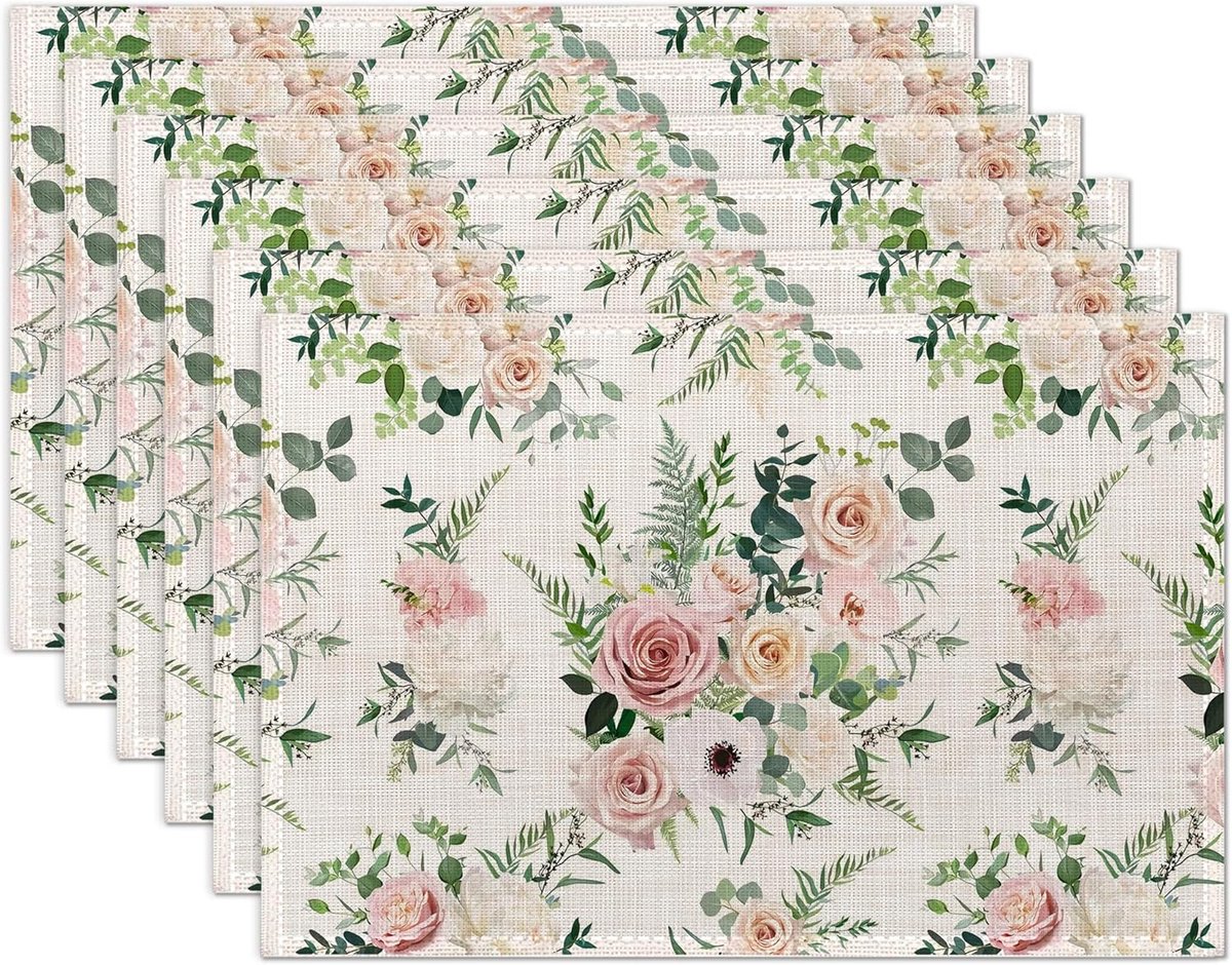 Set van 6 linnen placemats - 30 × 45 cm - Rozenpatroon - Herbruikbaar - Hittebestendig - Stijlvol en veelzijdig - Geschikt voor restaurants, keukens, feesten en vakanties