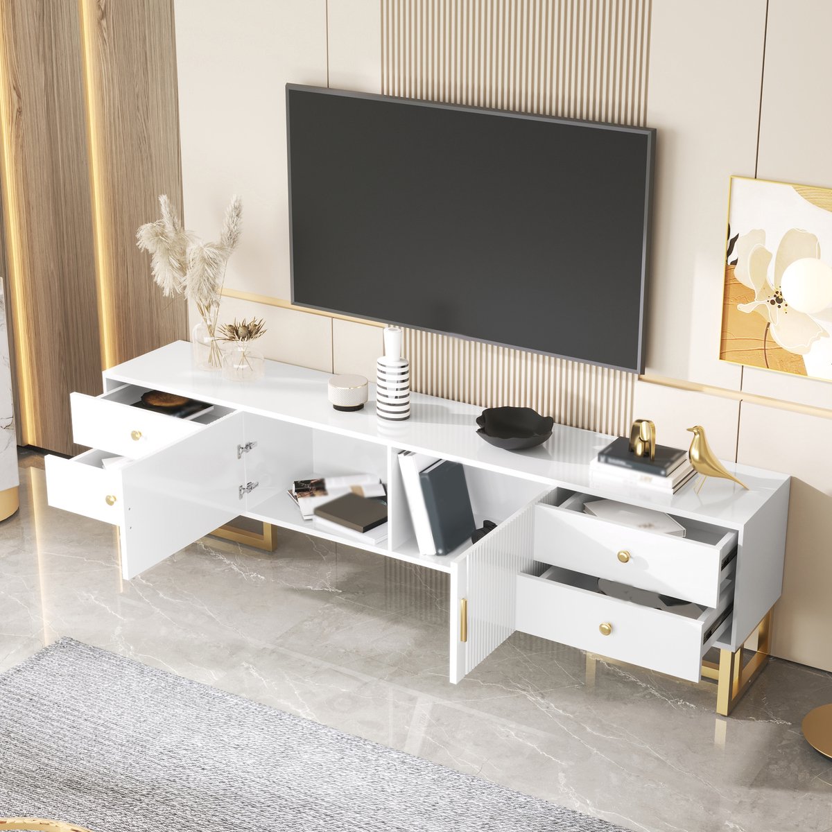 Tv-kast - laag paneel - met textuurdeuren - tv-meubel met lades - gouden handgrepen en gouden poten - wit