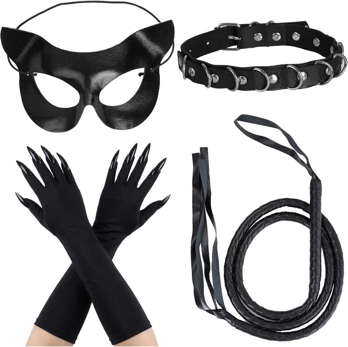 Kattenkostuum voor dames met accessoires zoals masker, handschoenen en halsketting voor Halloween en carnaval, perfect voor cosplay en themafeesten