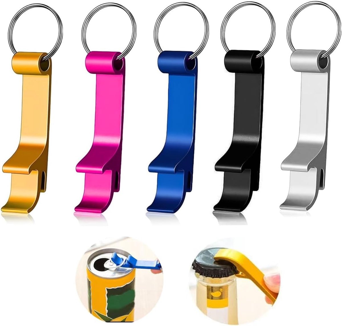 Set van 5 flesopeners met sleutelhanger, mini aluminium opener voor bier en frisdrank, ideaal voor dagelijks gebruik en als cadeau.