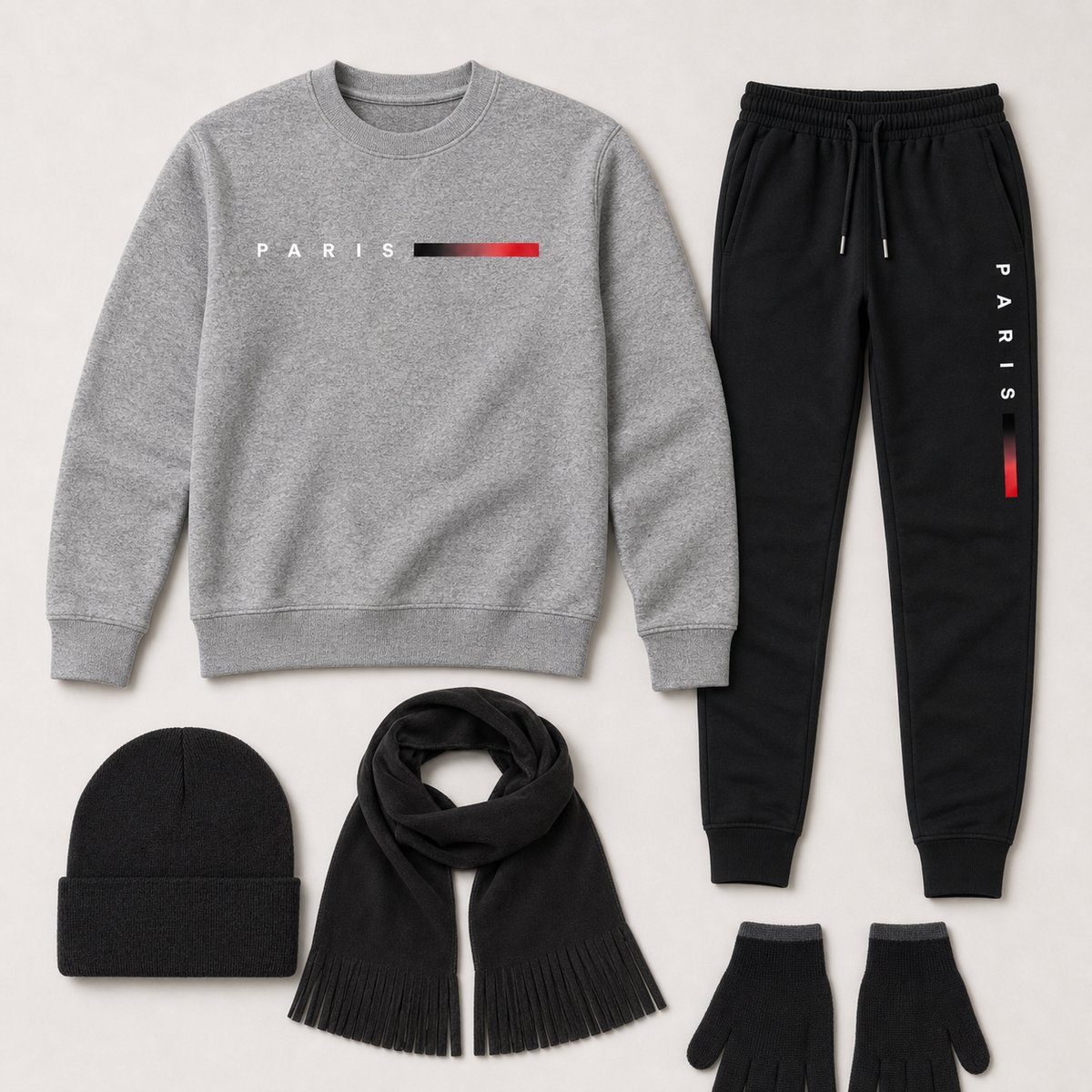 Trainingspak Heren – Joggingpak met Sweater en Joggingbroek – 5-Delige Winterset met Muts, Sjaal en Touchscreen Handschoenen - Grijs - 3XL