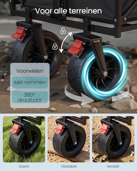 Opvouwbare bolderkar zwart 200L - inklapbare handkar met handvat - camping kar - tuinwagen - transportkar 180kg - stevige wielen - strandkar van Merkloos — afbeelding 2