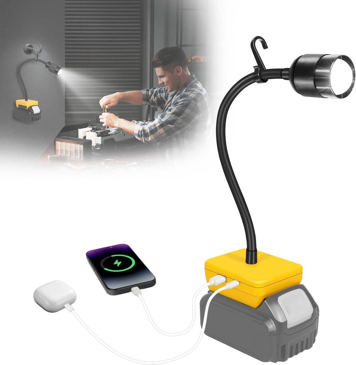 SnelShoppen - Canvage Led-werklamp 30W, 3000 Lumen, Draagbare Werkplaatslamp, Compatibel met Dewalt 20V Accu, USB/Type-C Laadaansluiting, Laagspanning