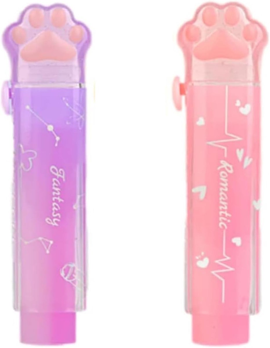 Retractable Gum met Jelly Kat Poot Ontwerp in Levendig Roze en Paars, Set van 2 voor Kinderen, Leuke en Praktische Schoolbenodigdheden voor Schrijven en Knutselen