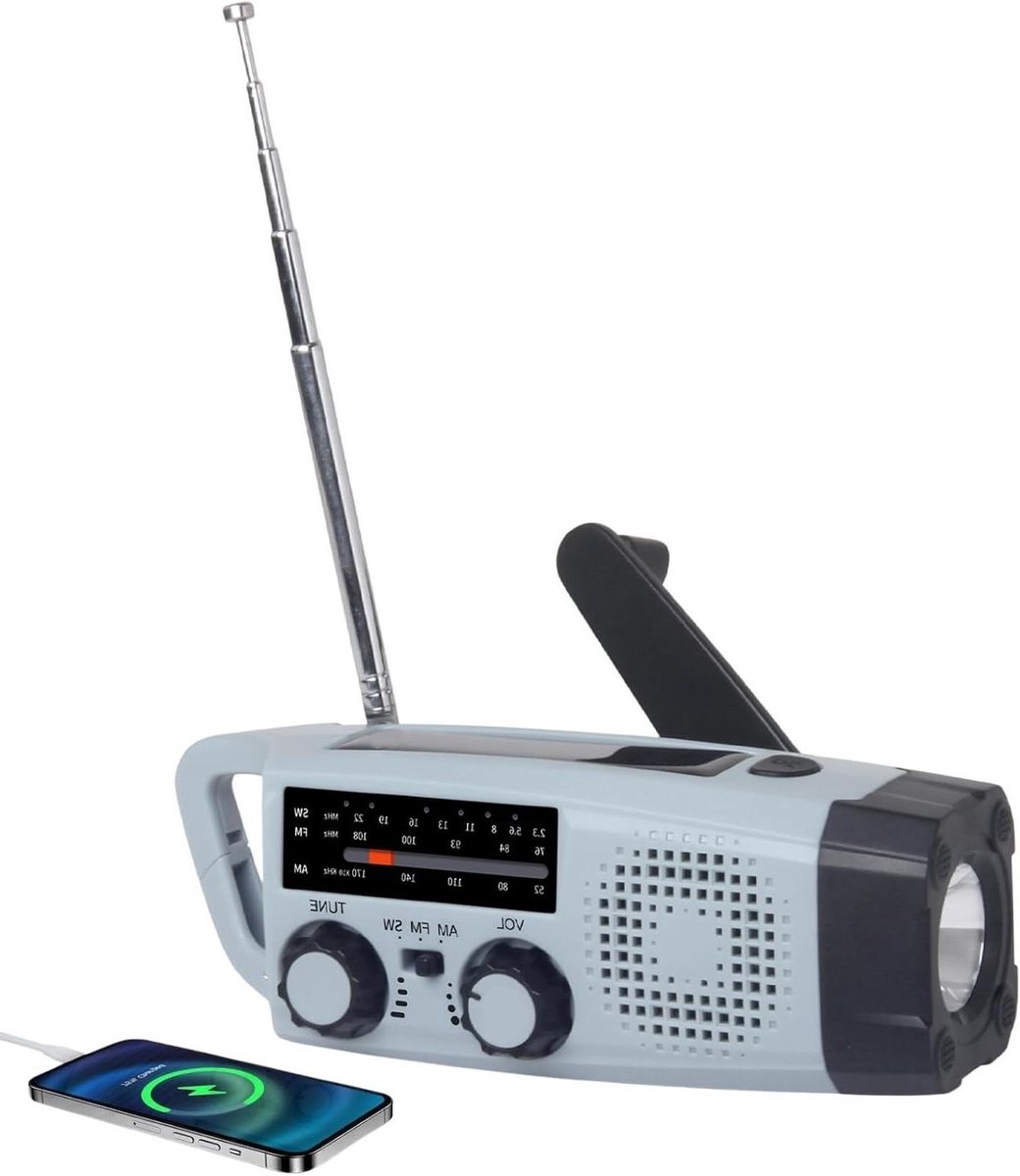 Noodradio - Draagbare radio - Noodsituaties - Zonnekracht en slinger - 2000 mAh - Lichtblauw