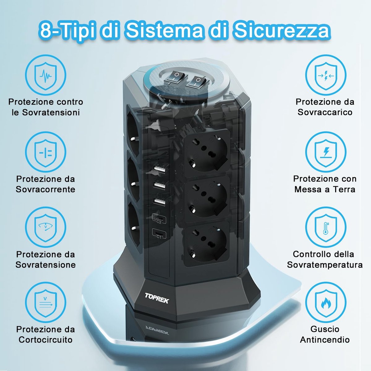SnelShoppen - TOPREK Verticale stekkerdoos met 12 universele stopcontacten, 2 USB C (20W PD3.0 snelladen), 3 USB A, overspanningsbeveiliging, 2 schake