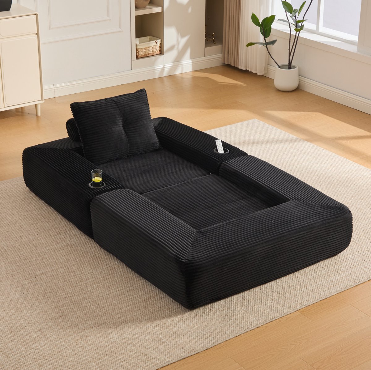 REDOM - Slaapbank - Uitklapbaar - Met zijvak en bekerhouder - Corduroy - Woonkamer en appartement - Zwart - 122 x 98 x 80 cm