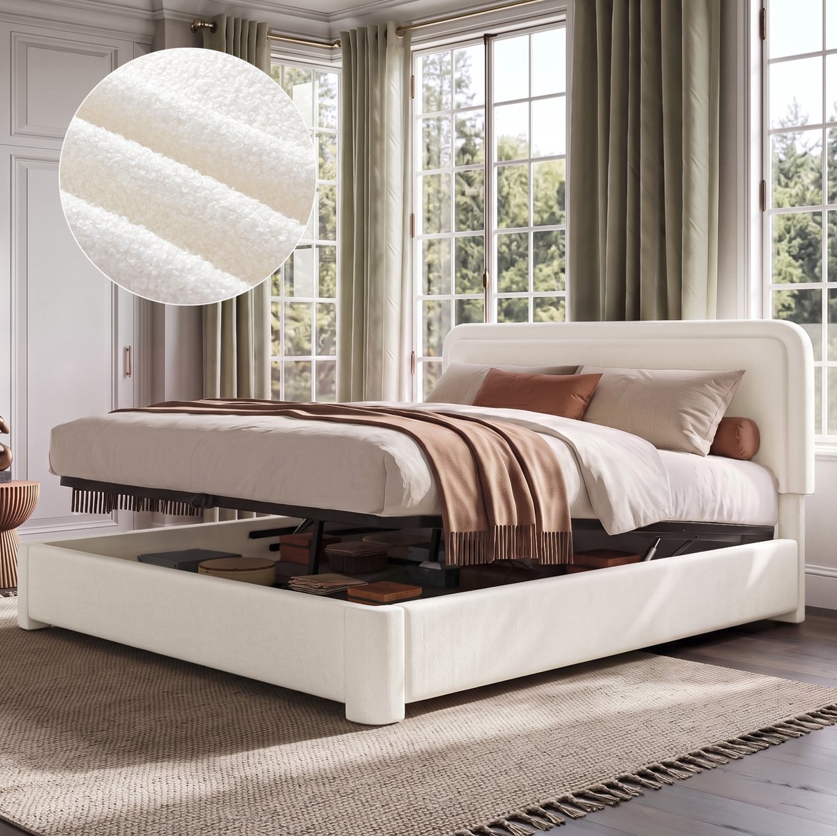STILVORA Gestoffeerd Bed 160x200 cm – Hydraulisch Functiebed Met Verstelbaar Hoofdbord – Grote Opbergruimte – Tweepersoonsbed – Bouclé – Wit – Zonder Matras