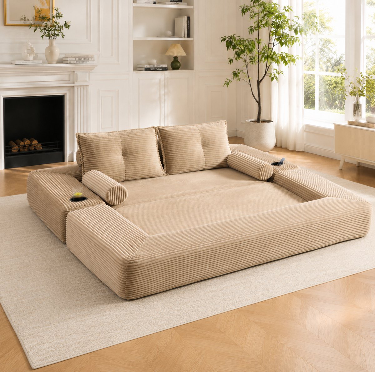 REDOM Slaapbank - 2-zits - Opvouwbaar - Met slaapfunctie - Corduroy - Zijvakken en drinkhouder - 2 sierkussens - Khaki - 180 x 98 x 80 cm