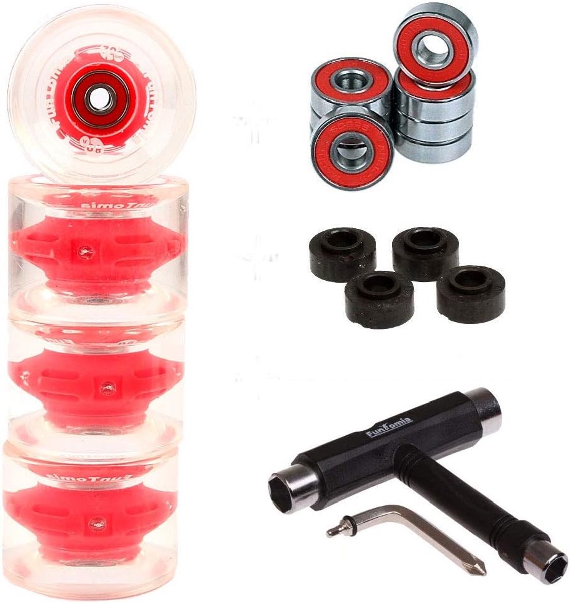 SnelShoppen FunTomia 4 stuks LED Longboard/Skateboard wielen 70x51mm 80A incl. ABEC-9 kogellager en metalen spacer Perfect voor Freestyle Stunt e