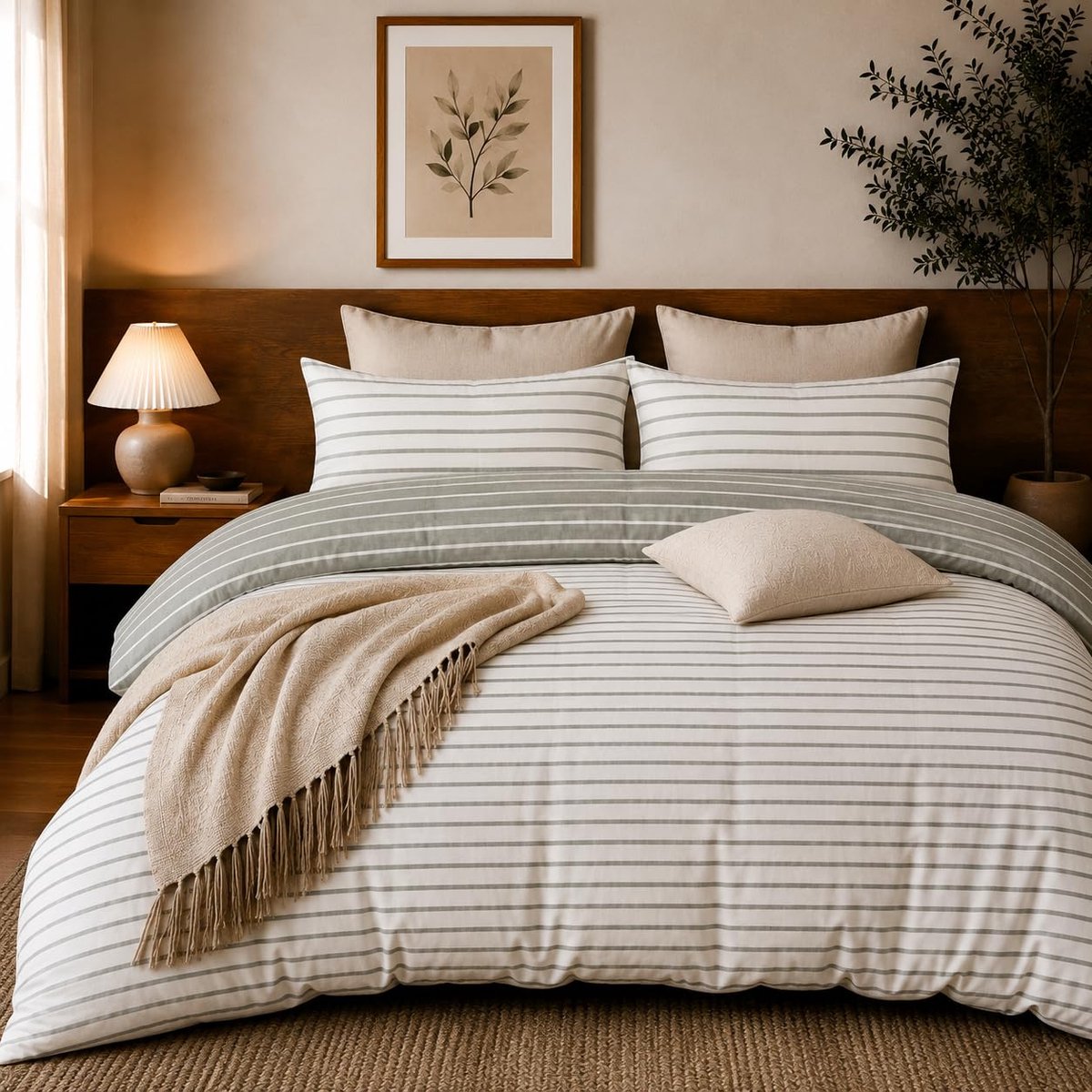 SnelShoppen - Grace Streep Super Kingsize Dekbedovertrekset - Premium Microvezel Omkeerbaar 3-delig Beddengoed 260 x 220 cm - Ultrasoft Hypoallergeen
