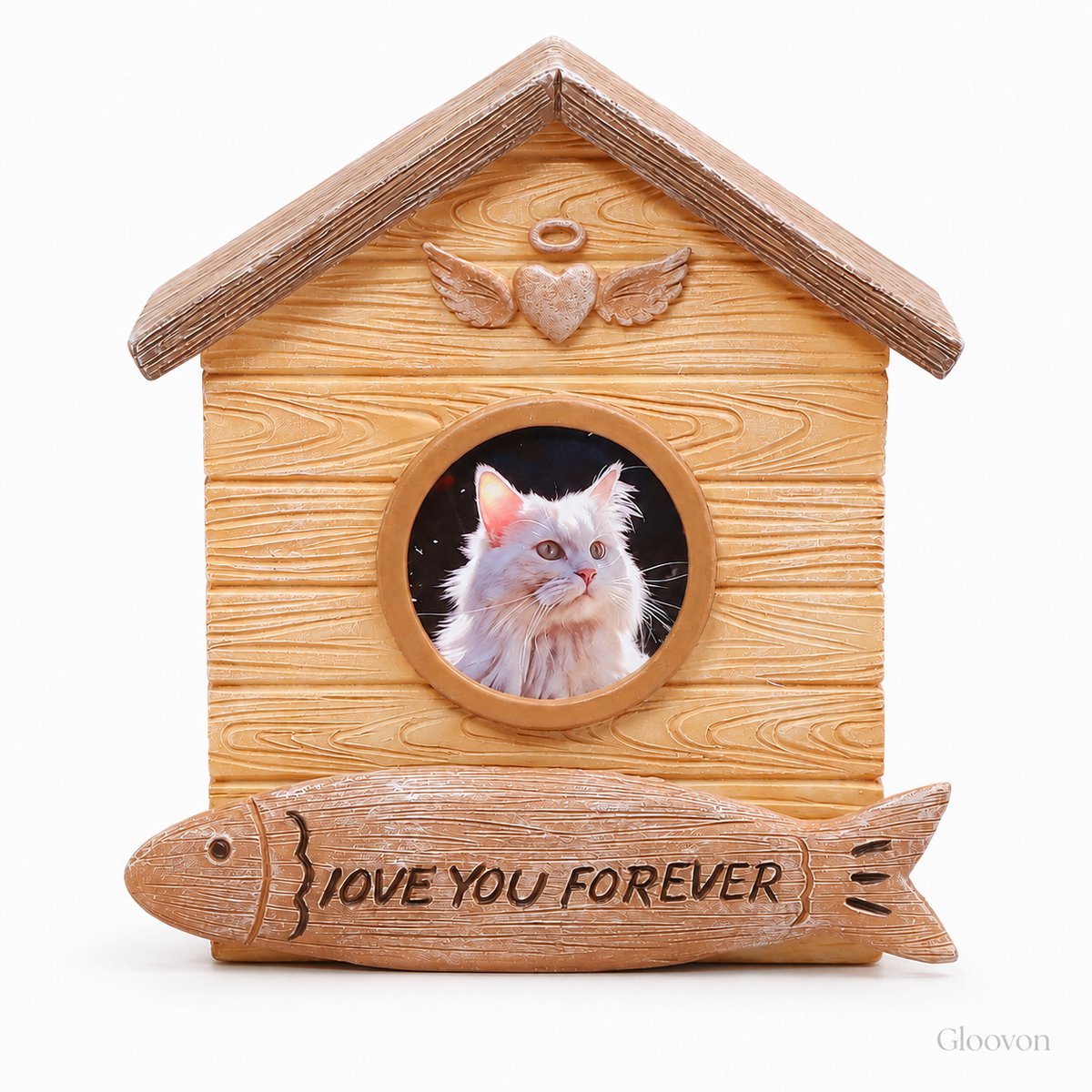 Gloovon® - Huisdierenurn - Kattenas - Met lijst - Met Fotolijst - Voor As en Herinneringen - Houtlook Hars - 13,5 x 8 x 15 cm - Liefdevol Aandenken