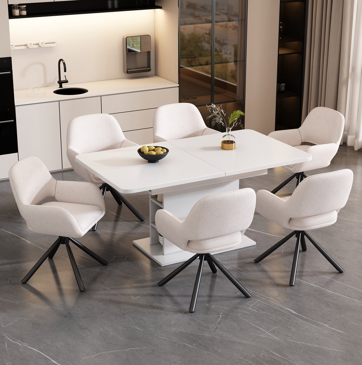 MEUNIQ eetkamerset met uitschuifbare rechthoekige eettafel, 6 sherpa stoelen met metalen poten, opbergruimte en wit design voor eetkamer
