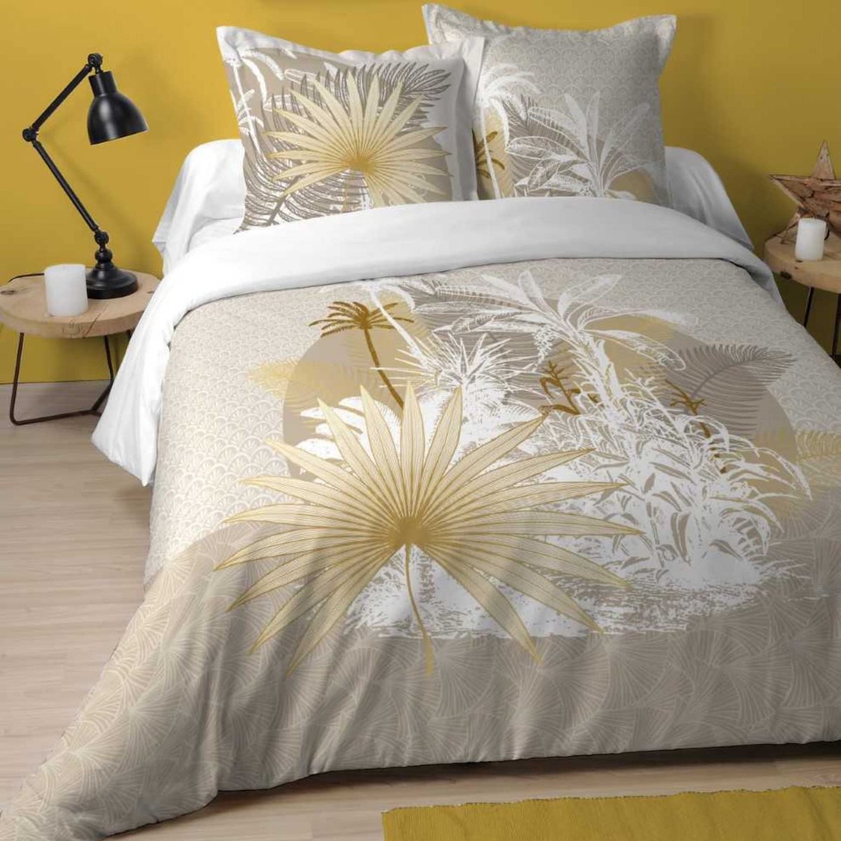 SnelShoppen - Malediven Dekbedovertrek 240x220 cm met 2 Kussenslopen 63x63 cm - 100% Katoen, Oekotex Gecertificeerd, Geel, Goud, Natuur, Palm, Reizen,
