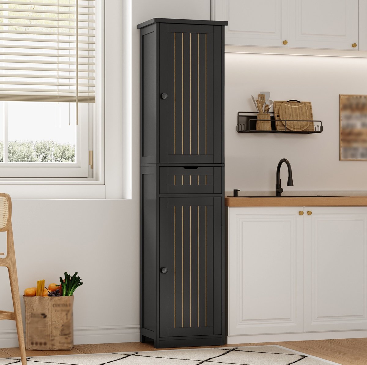 DESMIU Keukenkast - Hoge Kast Met 2 Deuren En 1 Lade - Verstelbare Opbergruimte Voor Keuken En Woonkamer - MDF - 170x40x30 Cm - Zwart