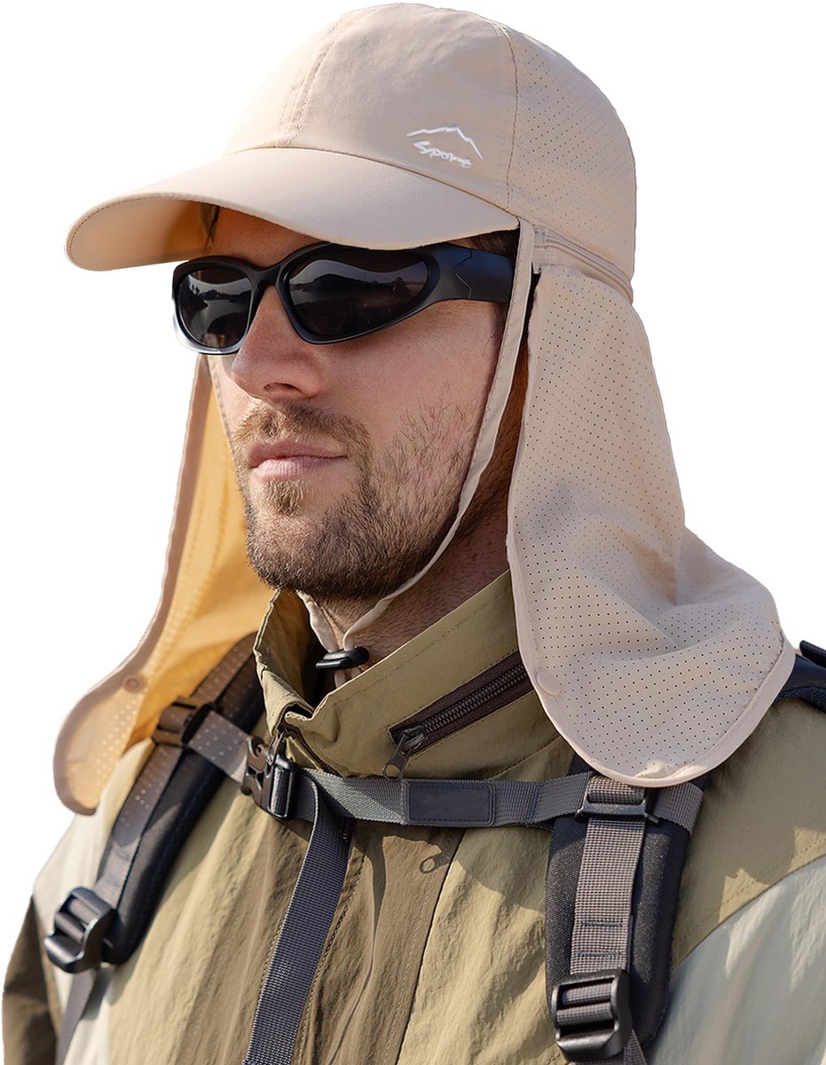 SnelShoppen - UV-Beschermingshoed UPF 50+ met Vleugel en Afneembare Zonnebeschermingskap voor Mannen - Ideaal voor Camping, Tuin en Buitenactiviteiten