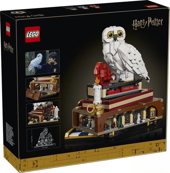 Achterkant van LEGO Harry Potter doos, met een uil, boeken en kleine scènes.