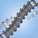 Grijze LEGO treinrails met witte pijlen die flexibiliteit aanduiden.