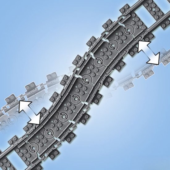 Grijze LEGO treinrails met witte pijlen die flexibiliteit aanduiden.