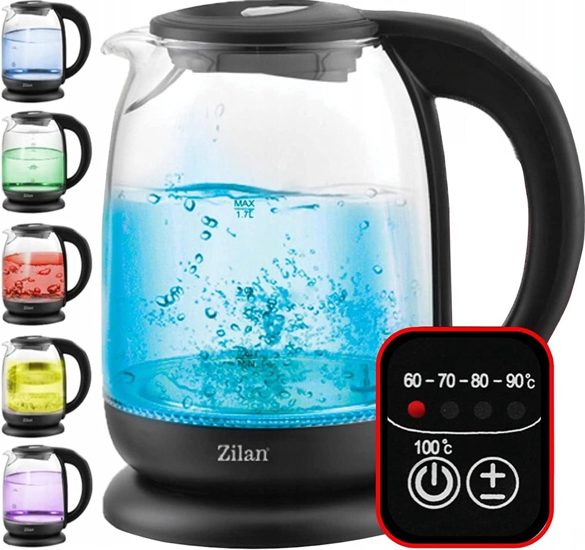 SnelShoppen - Glas Waterkoker met Digitale Display en LED, 1.7 L, Snoerloze Waterkoker, 5 Temperatuurinstellingen, 360° Borosilicaat Glas, 2200 W, Keu