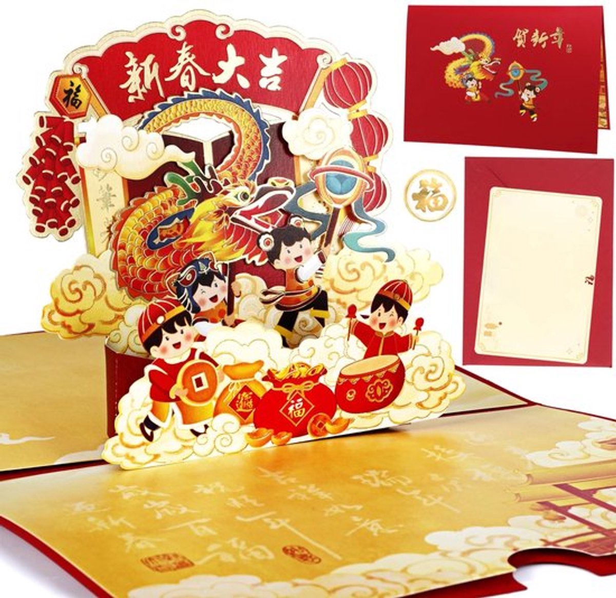 Nieuwjaarskaart 3D Pop-Up - Wenskaart Set - Chinees Nieuwjaar - Jaar van de Draak - Inclusief Rode Envelop - Premium Kwaliteit Papier